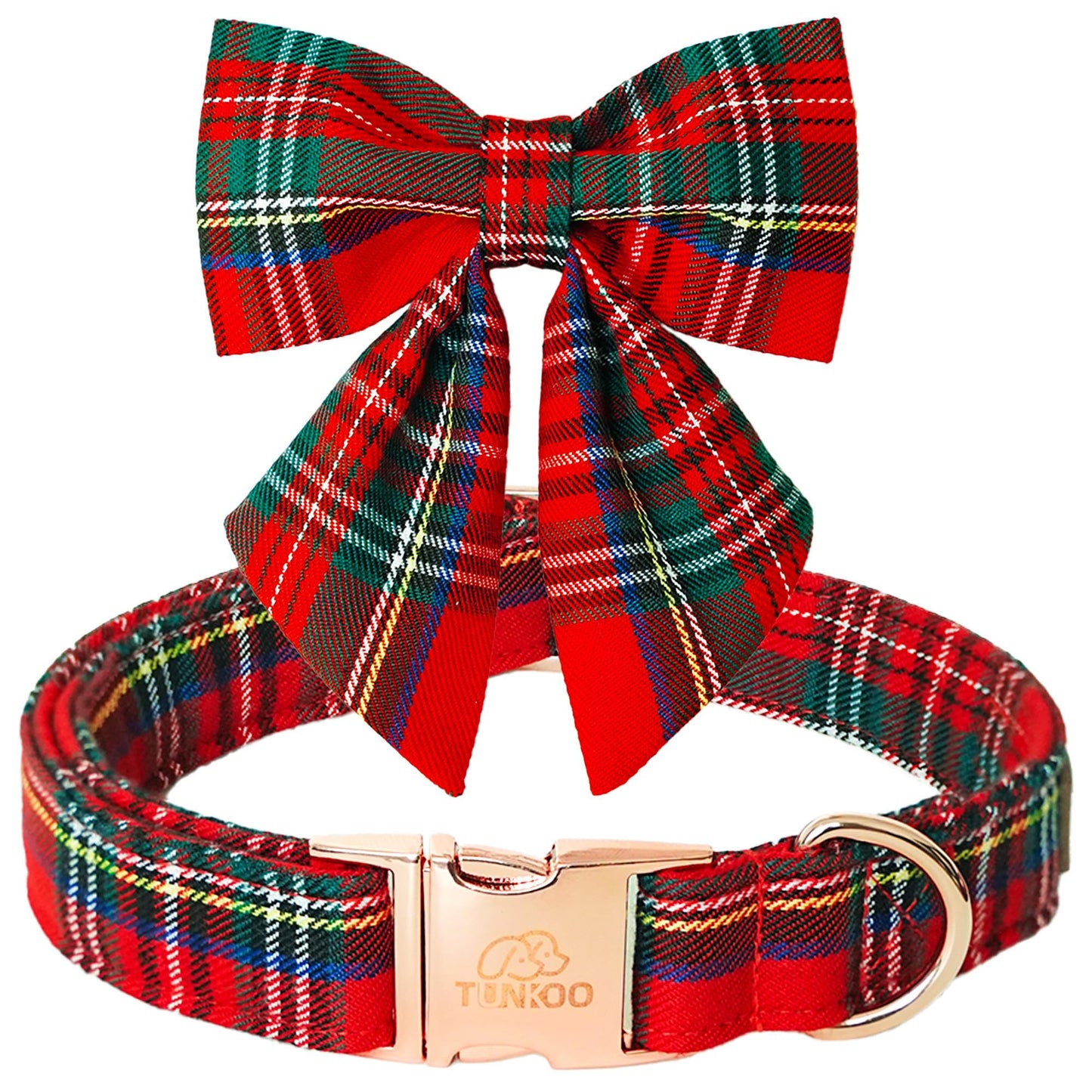 Tunkoo Christmas Dog Collar with Pretty Bow Tie - Red & Green Plaid Pet Collar, Adjustable Available in Small Medium Large, Gift for Girls Boys Dog, S