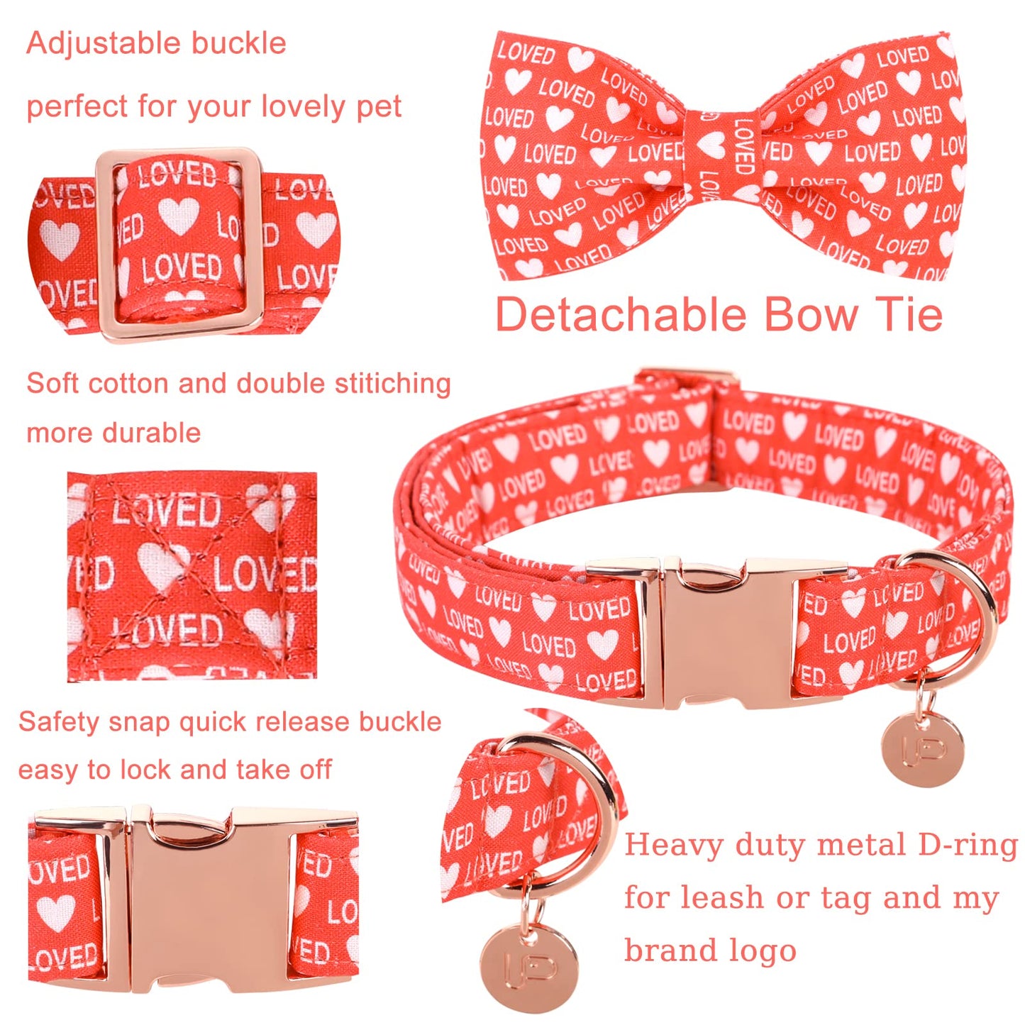 Valentine’s Day Dog Collar with Bow Tie, Valentine Bowtie Collar with Metal Buckle, Valentine’s Day Gift Pet Collar for Medium Girl Boy Dog, Wedding Dog Collar, Red, M, Neck 13.5-22in