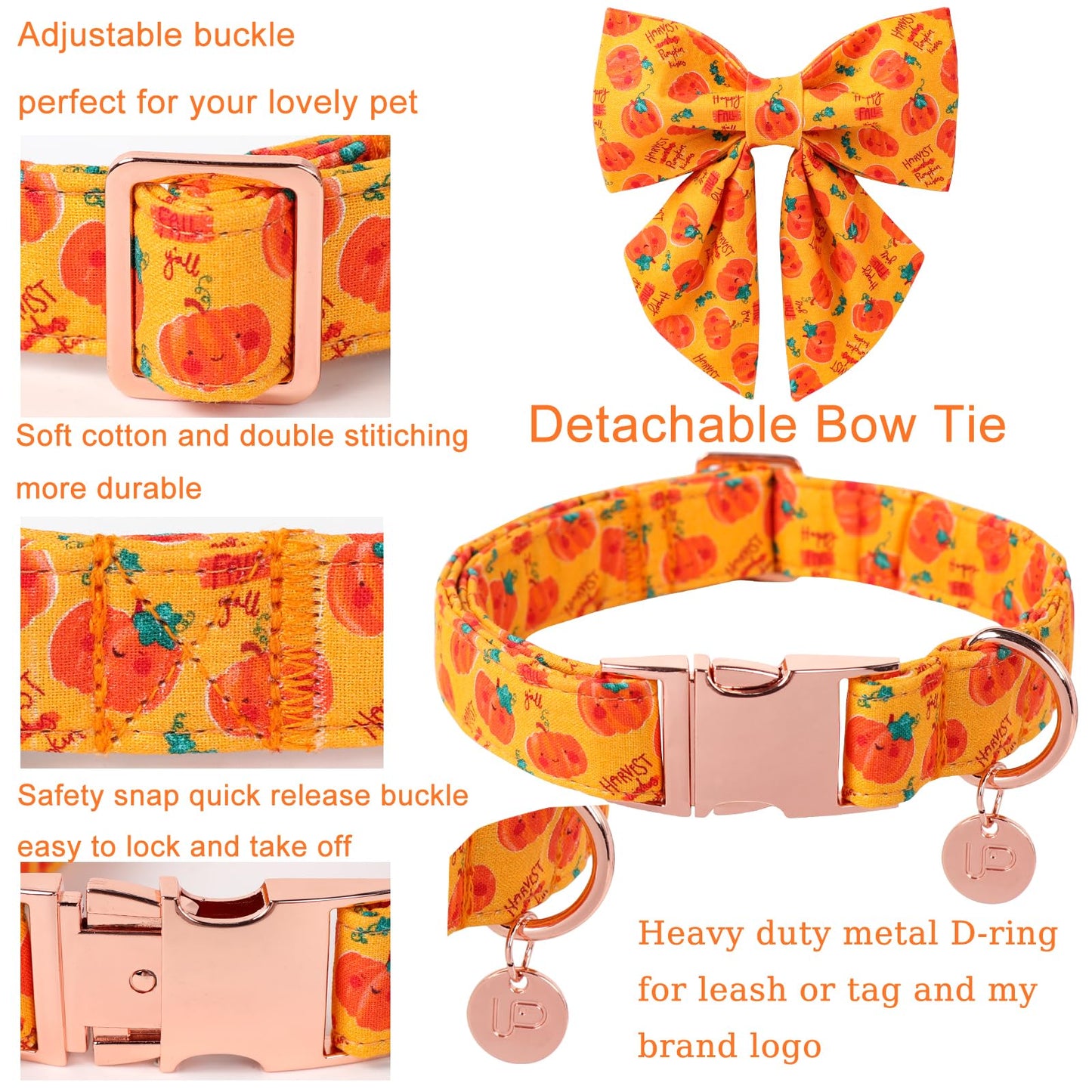 Dog Collar with Bow Tie, Comfortable Adjustable Cotton Bowtie Collar for Medium Girl Boy Dog, Fall Dog Collar with Metal Buckle, M, Neck 13.5-22in