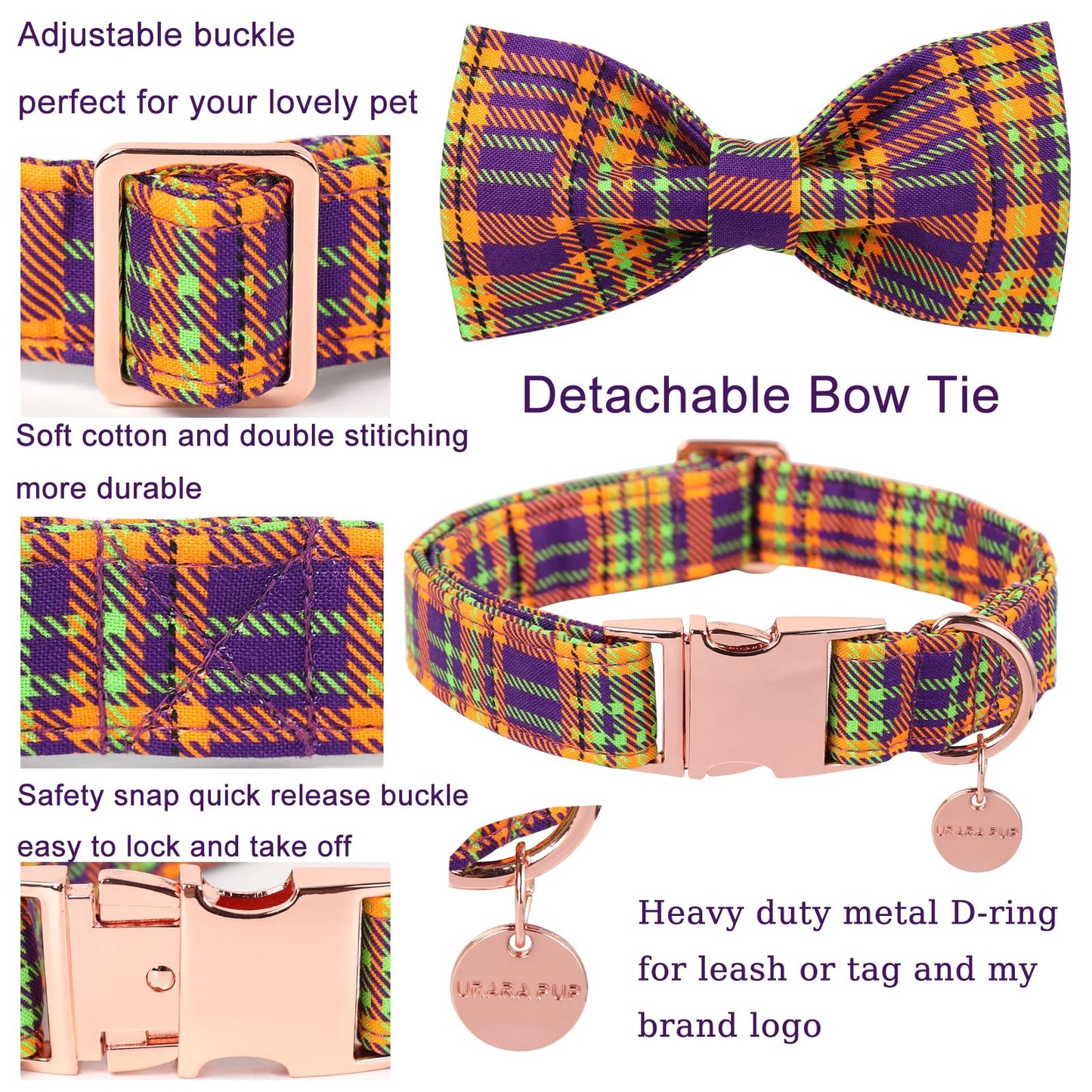 Thanksgiving Dog Collar with Bow Tie, Turkey Cotton Bowtie Collar for Puppy Girl Dog or Cat, Autumn Bow Tie Collar with Durable Metal Buckle, Turkeys Pet Collar, S, Neck 10-16in