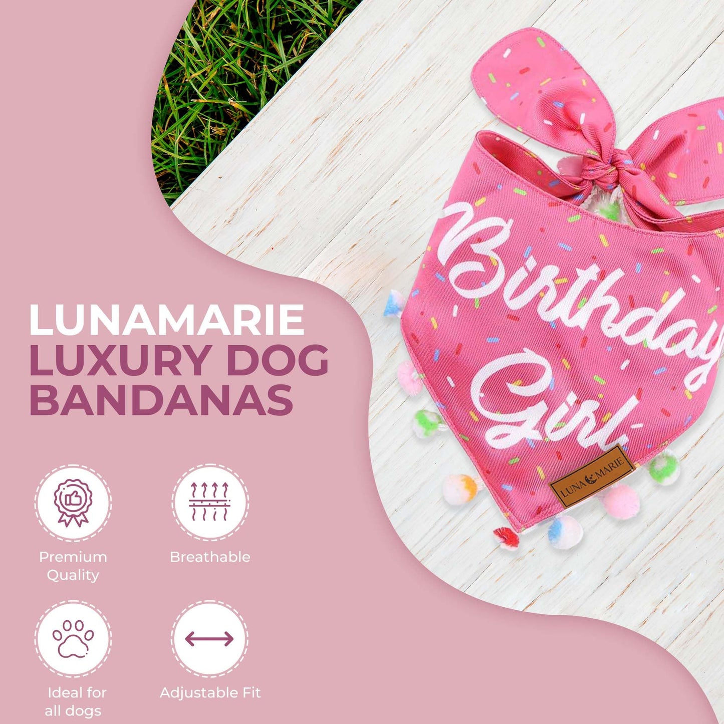 Luxury Pet Birthday Bandanas -Premium & Silky Poly Fabric | 100% Handmade | Custom Shape Dual Layered (Birthday Girl, Medium)