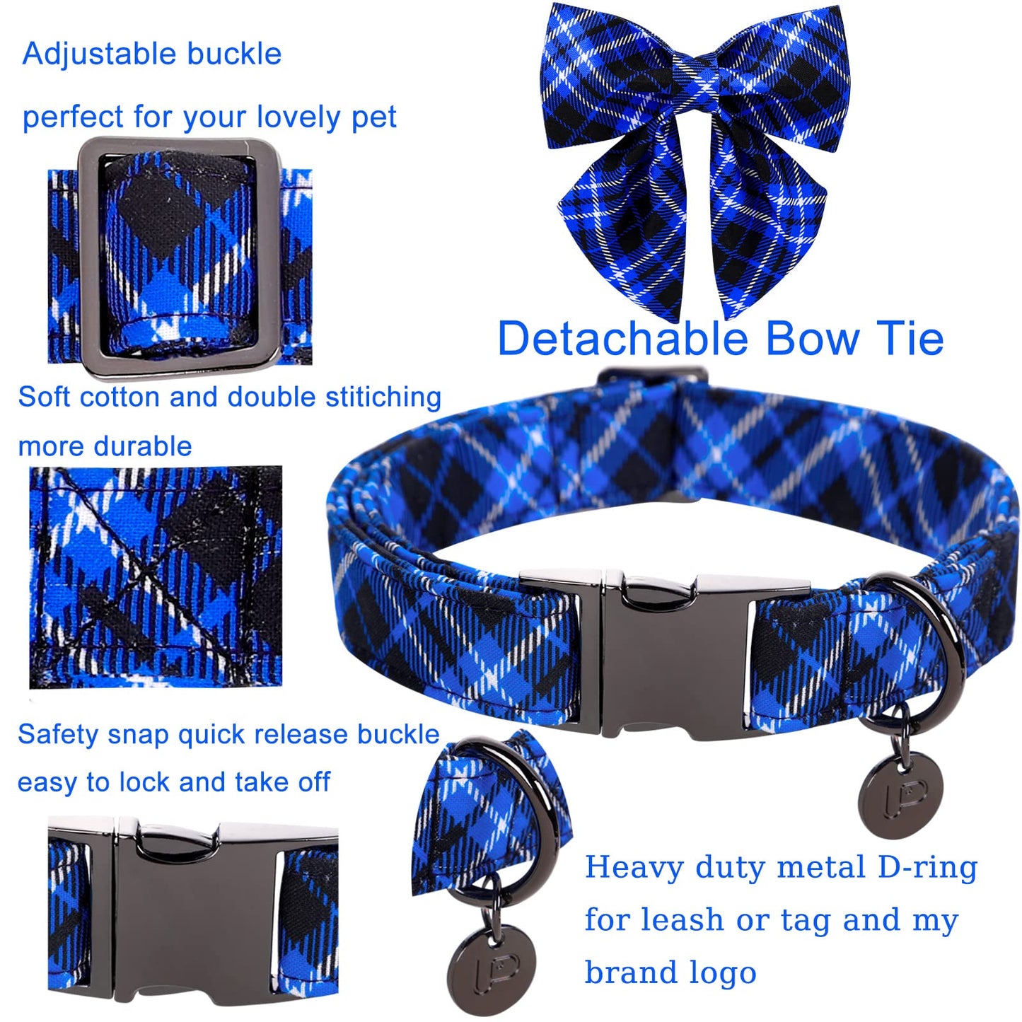 Dog Collar with Bow Tie, Comfortable Adjustable Cotton Bowtie Collar for Medium Girl Boy Dog, Fall Dog Collar with Metal Buckle, M, Neck 13.5-22in