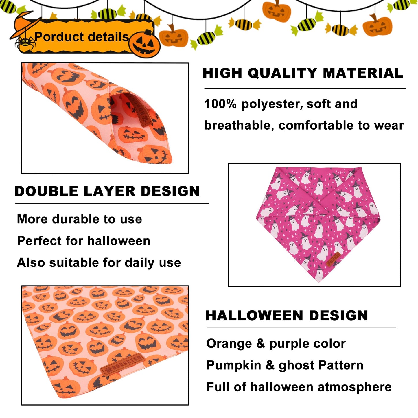 ADOGGYGO Halloween Dog Bandana, Halloween Pumpkin Ghost Dog Scarf, Premium Durable Fabric, Adjustable Fit Female Dog Halloween Bandanas for Medium Large Dogs Pets (Large, Halloween)