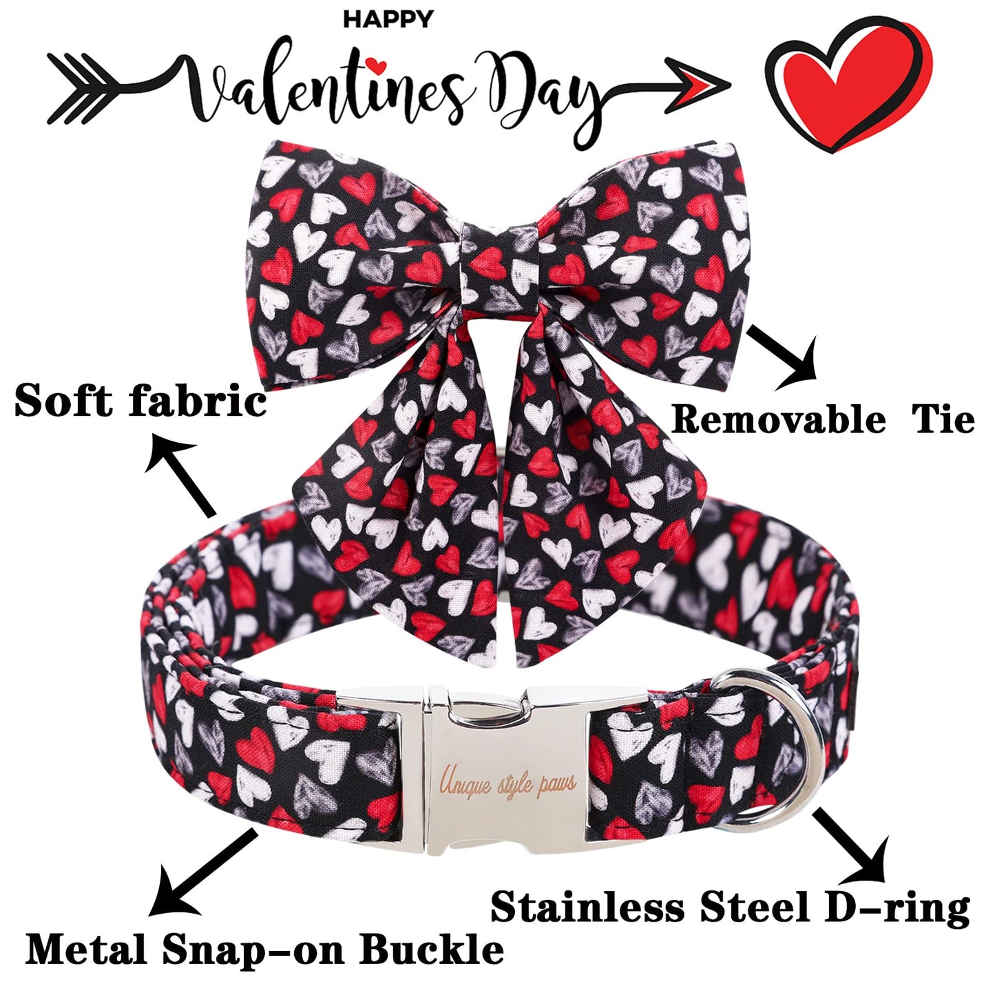 Unique style paws Valentine's Day Dog Collar with Bow Tie Black & Red Heart Puppy Collar Best Gothic Style Gift for Small Medium Large Boys Girls-M