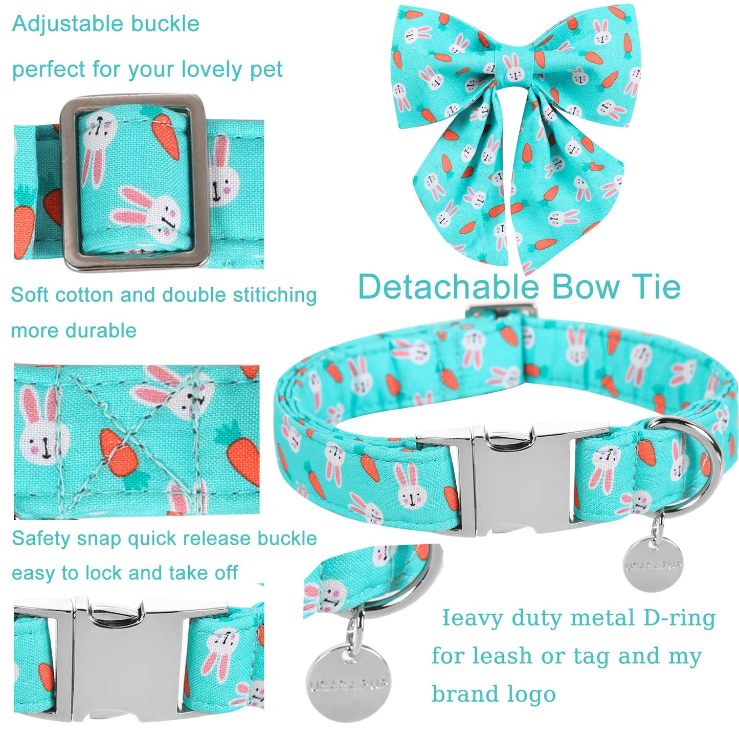 Easter Dog Collar with Bow Tie, Cotton Easter Bowtie Collar for Small Girl Boy Dog, Cute Carrot Pet Collar with Metal Buckle, Easter Day Gift Dog Collar, Blue, S, Neck 10-16in