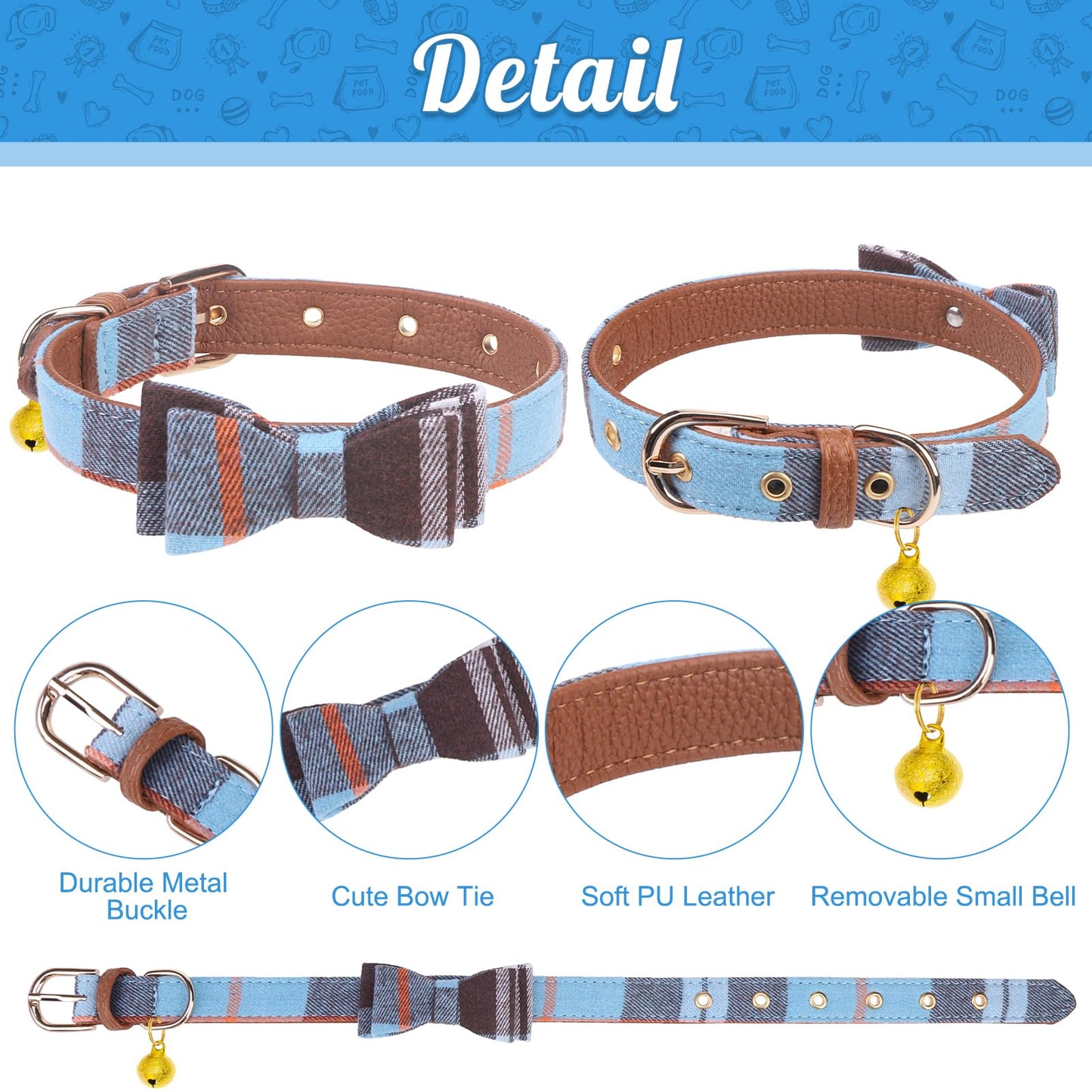 EXPAWLORER Dog Leash Set - Classic Plaid Dog Bow Tie and Dog Bandana Collar with Bell, Tangle Free, Adjustable Collars for Small Medium Large Dogs Cats, Holiday Ideal Gift