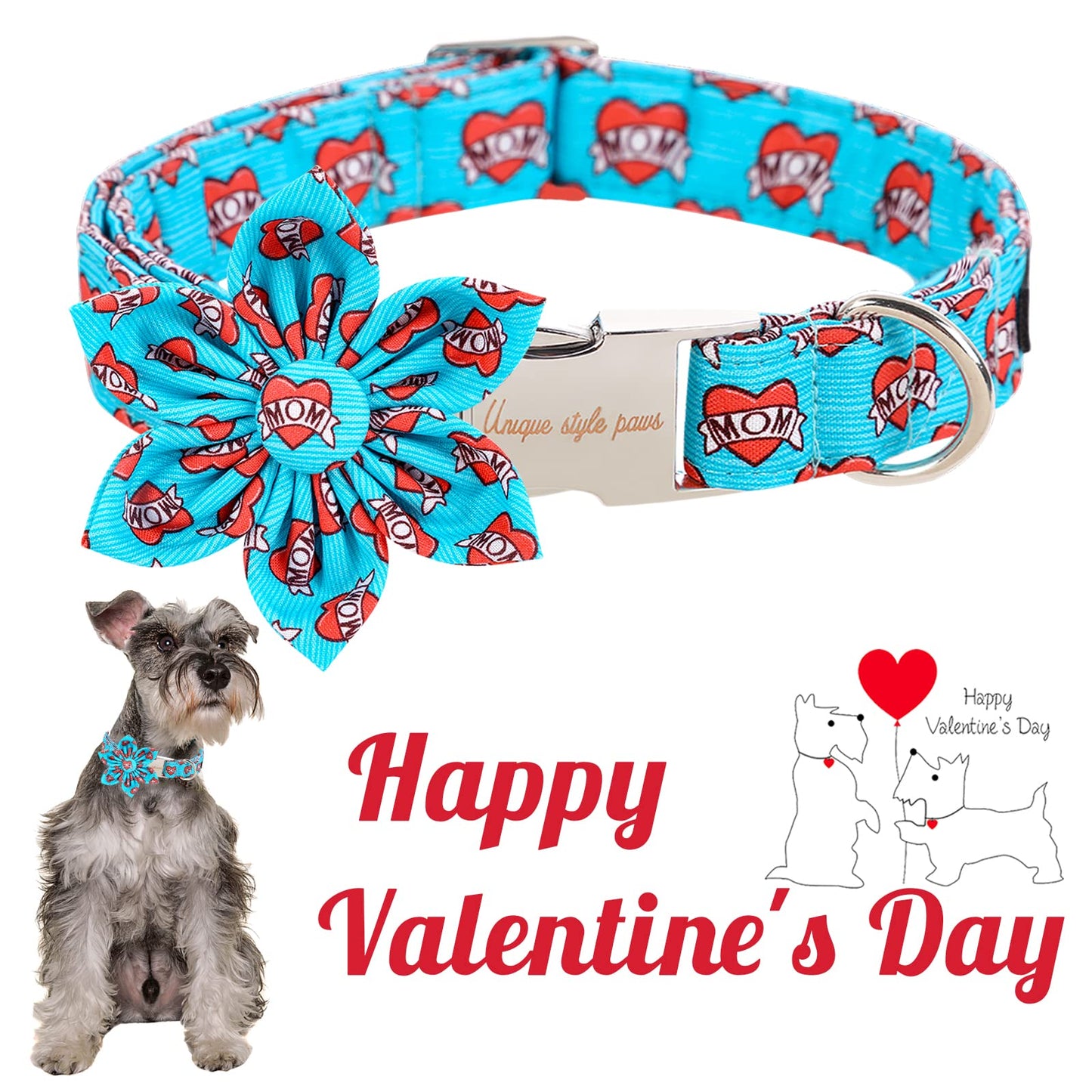 Unique style paws Valentine's Day Dog Collar with Bow Tie Black & Red Heart Puppy Collar Best Gothic Style Gift for Small Medium Large Boys Girls-M