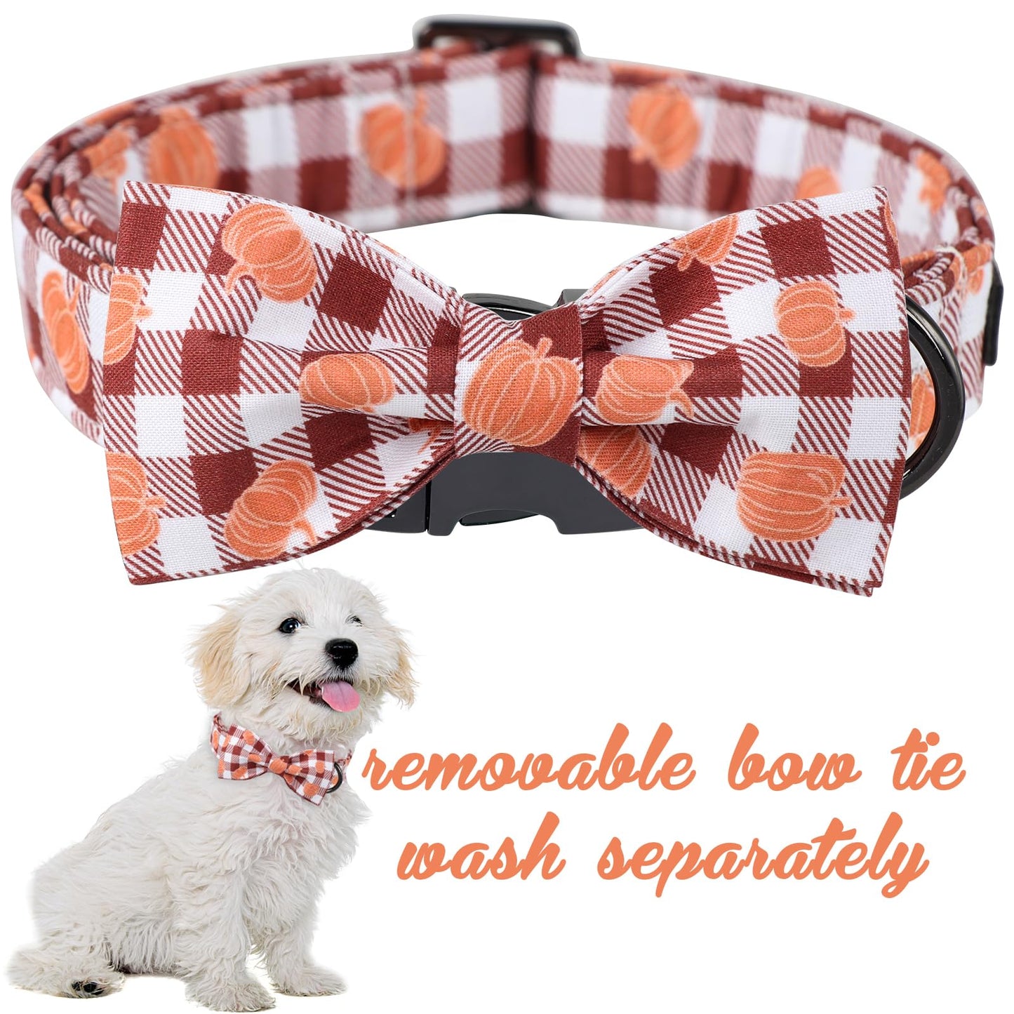 Unique Style Paws Cotton Dog Collar with Bow Halloween Pumpkin Plaid Dog Collar with Bow Tie for Small Medium Large Dogs Pets Gifts