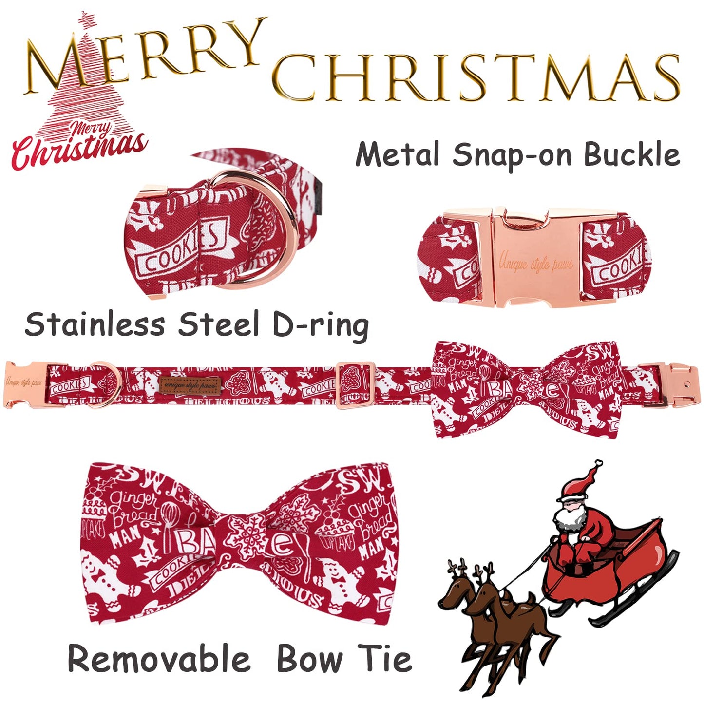 Unique style paws Christmas Dog Collar with Bow Tie Winter Gingerbread Snowman Theme Puppy Collar for Small Medium Large Dogs-M