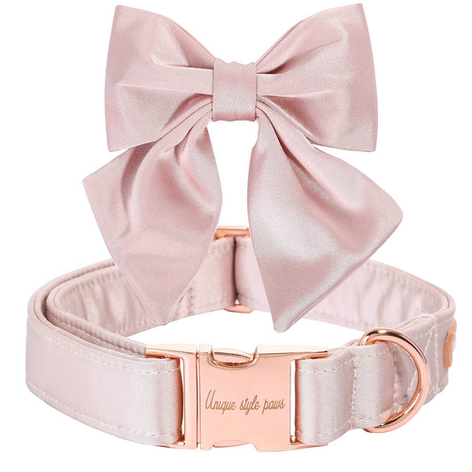 Unique style paws Silk Pink Color Dog Collar Adjustable Durable Dog Collar with Bow Wedding Bowtie Collar for Small Puppy and Cats