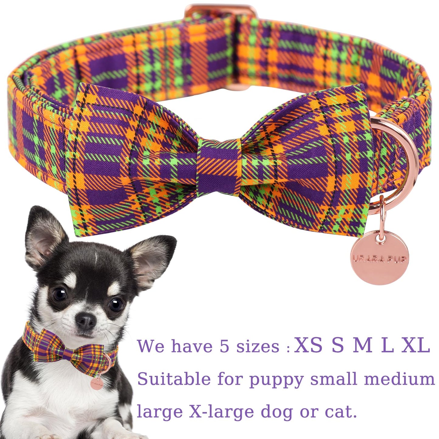 Thanksgiving Dog Collar with Bow Tie, Turkey Cotton Bowtie Collar for Puppy Girl Dog or Cat, Autumn Bow Tie Collar with Durable Metal Buckle, Turkeys Pet Collar, S, Neck 10-16in