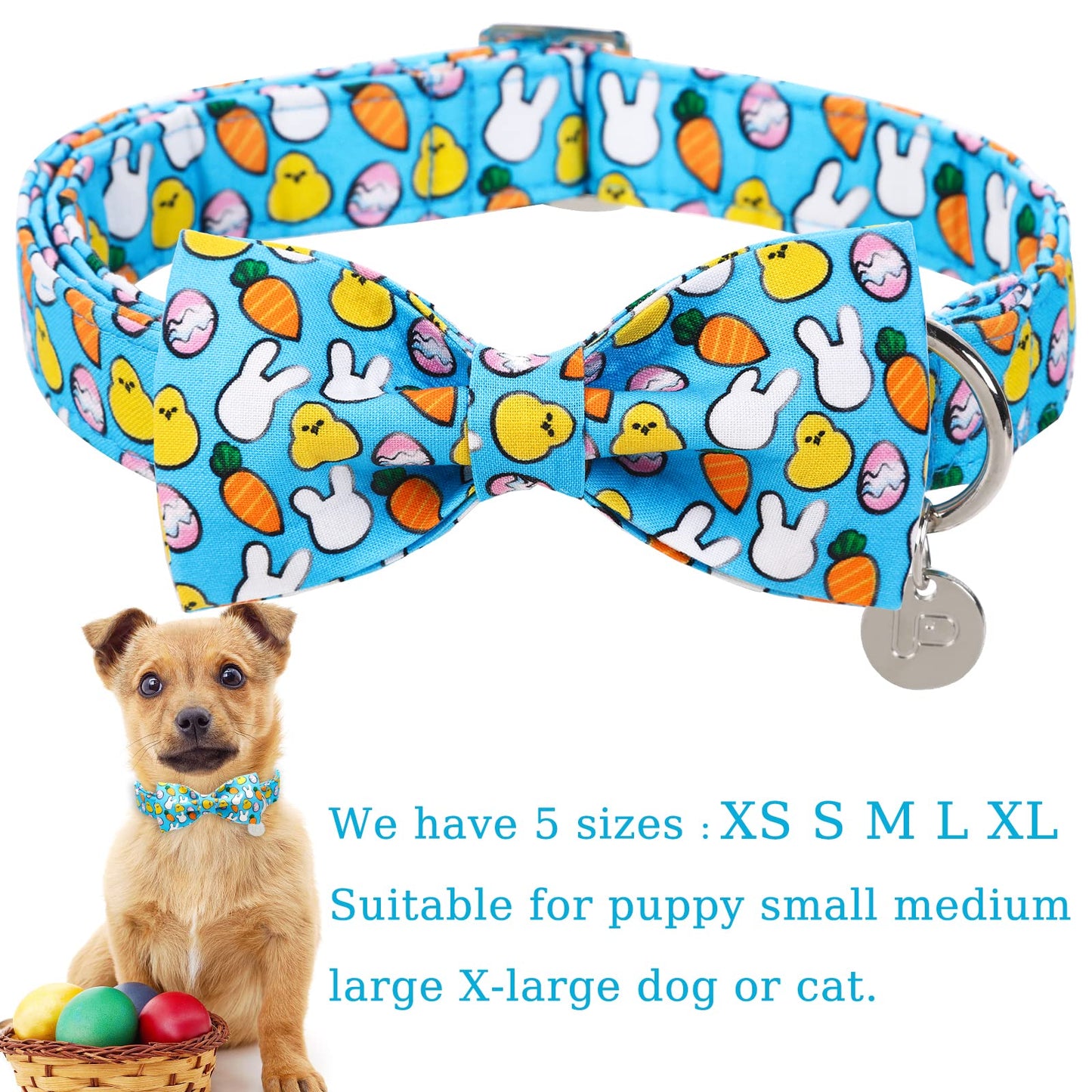 Easter Dog Collar with Bow Tie, Cotton Easter Bowtie Collar for Small Girl Boy Dog, Cute Carrot Pet Collar with Metal Buckle, Easter Day Gift Dog Collar, Blue, S, Neck 10-16in