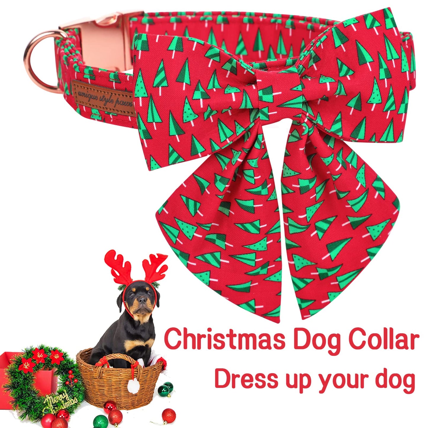 Unique style paws Christmas Dog Collar with Bow Tie Winter Gingerbread Snowman Theme Puppy Collar for Small Medium Large Dogs-M