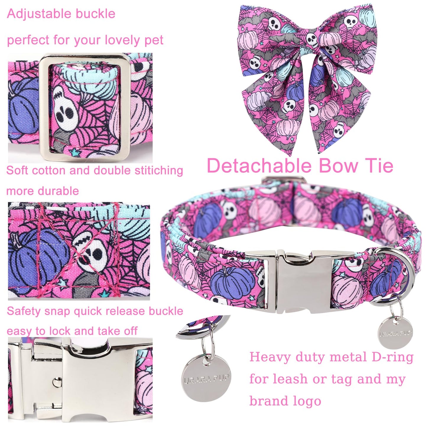 Thanksgiving Dog Collar with Bow Tie, Turkey Cotton Bowtie Collar for Puppy Girl Dog or Cat, Autumn Bow Tie Collar with Durable Metal Buckle, Turkeys Pet Collar, S, Neck 10-16in