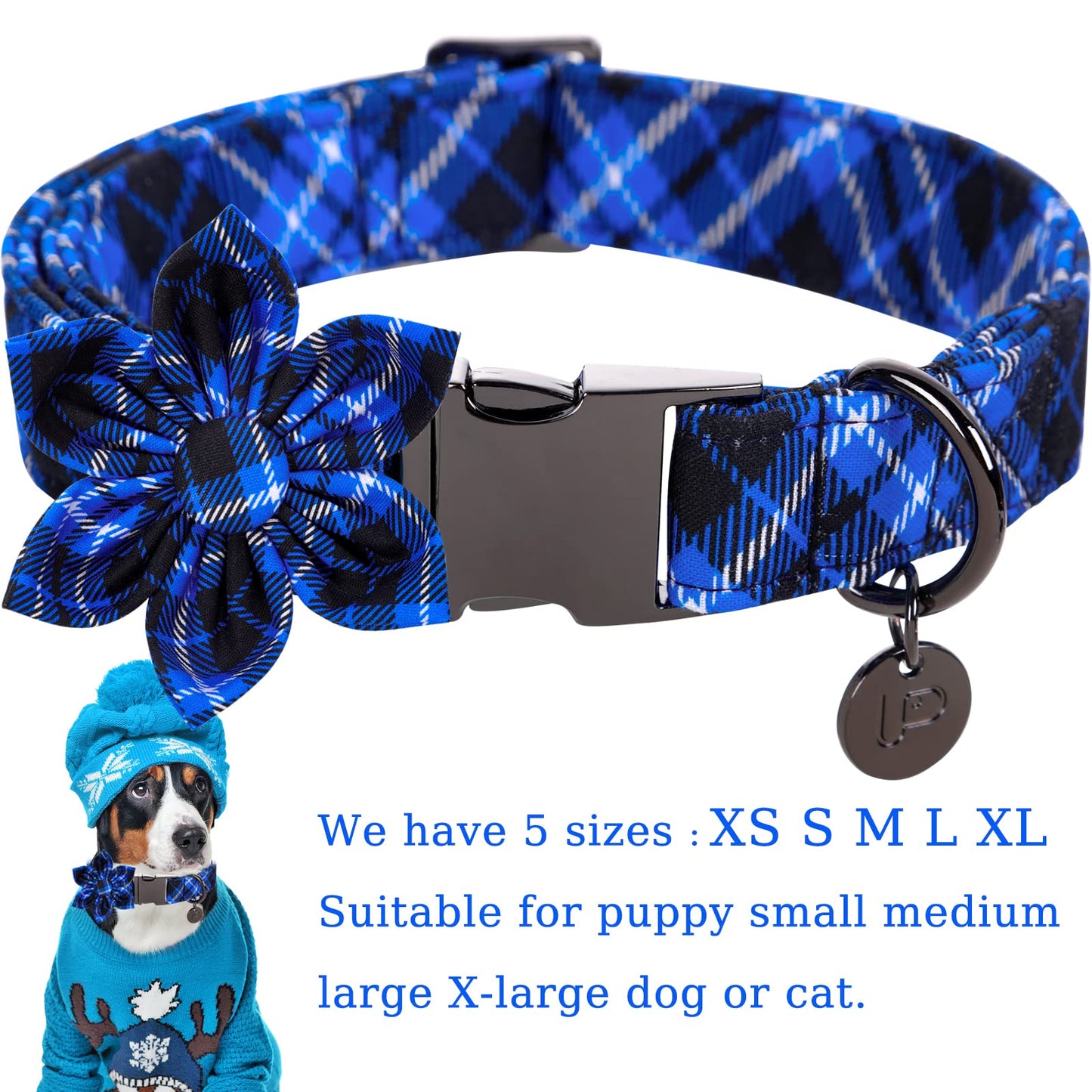 Dog Collar with Bow Tie, Comfortable Adjustable Cotton Bowtie Collar for Medium Girl Boy Dog, Fall Dog Collar with Metal Buckle, M, Neck 13.5-22in