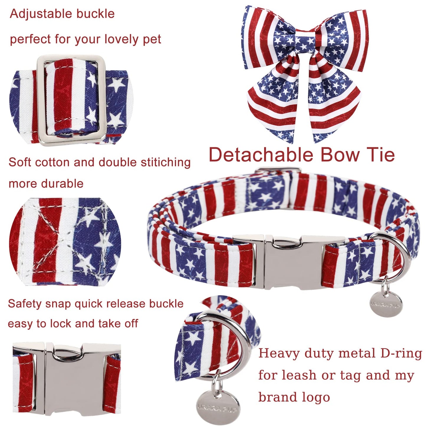 American Flag Dog Collar with Bow Tie, 4th of July Comfortable Cotton Cute Dog Collar with Metal Buckle, Patriotic Bowtie Collar for Puppy Girl Boy Dog, XL, Neck 16-26in