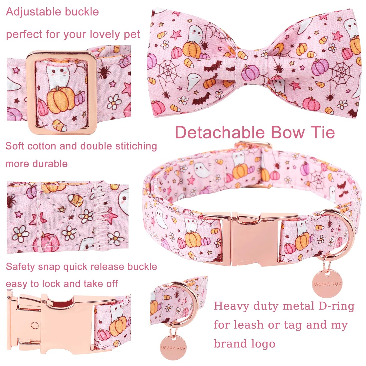 Dog Collar with Bow Tie, Comfortable Adjustable Cotton Bowtie Collar for Medium Girl Boy Dog, Fall Dog Collar with Metal Buckle, M, Neck 13.5-22in