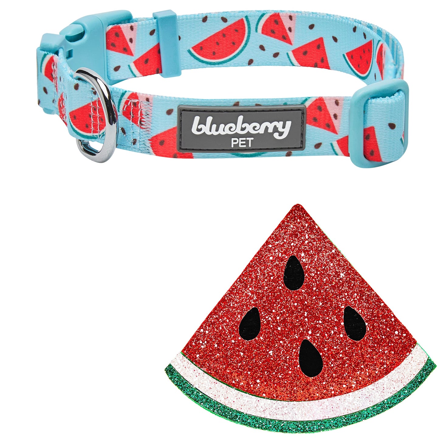 Blueberry Pet Summer Sparkle Dog Collar, Adjustable Small Size, Neck 12"-16", Zesty Fruit Watermelon Blue, Pet Collar with Detachable Accessory