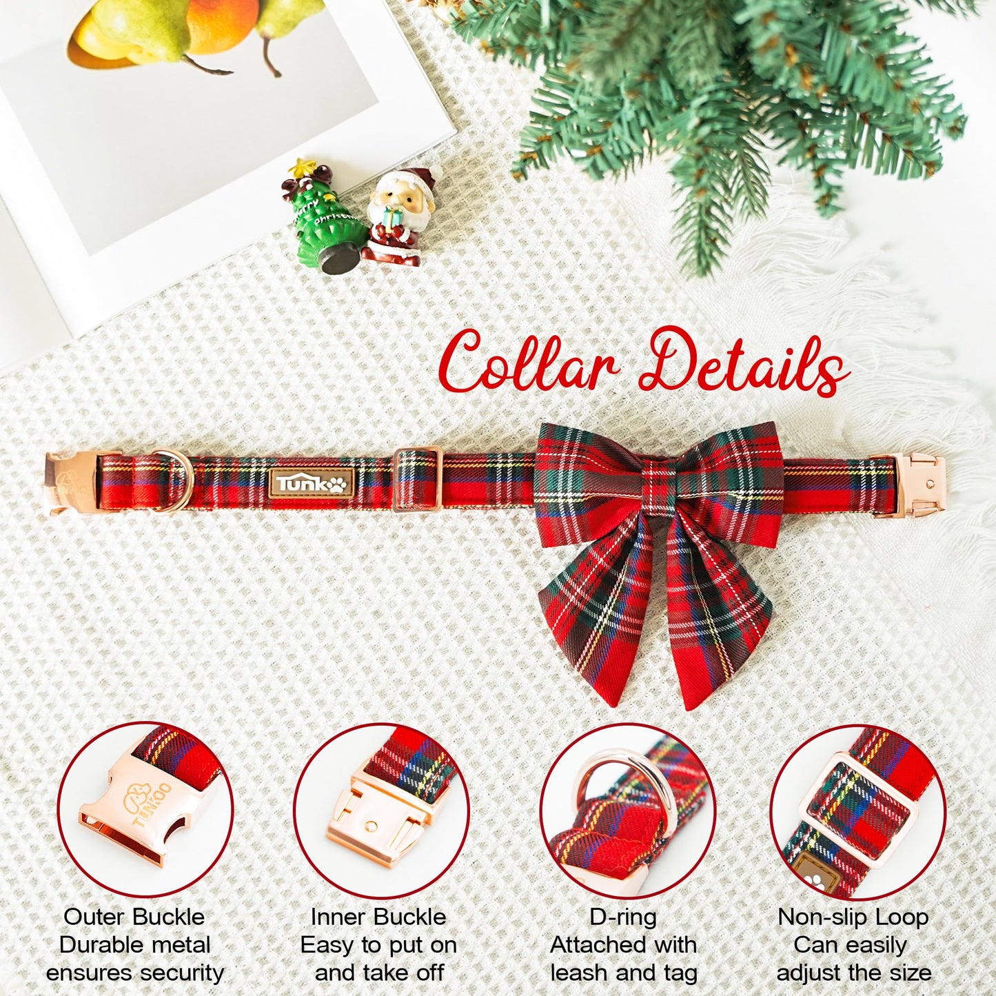 Tunkoo Christmas Dog Collar with Pretty Bow Tie - Red & Green Plaid Pet Collar, Adjustable Available in Small Medium Large, Gift for Girls Boys Dog, S