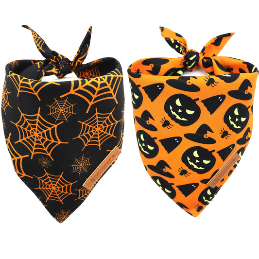 Realeaf Halloween Dog Bandanas 2 Pack, Pumpkin and Spider Web Bibs, Triangle Reversible Fall Pet Scarf, Premium Durable Fabric, Adjustable Fit (Large)