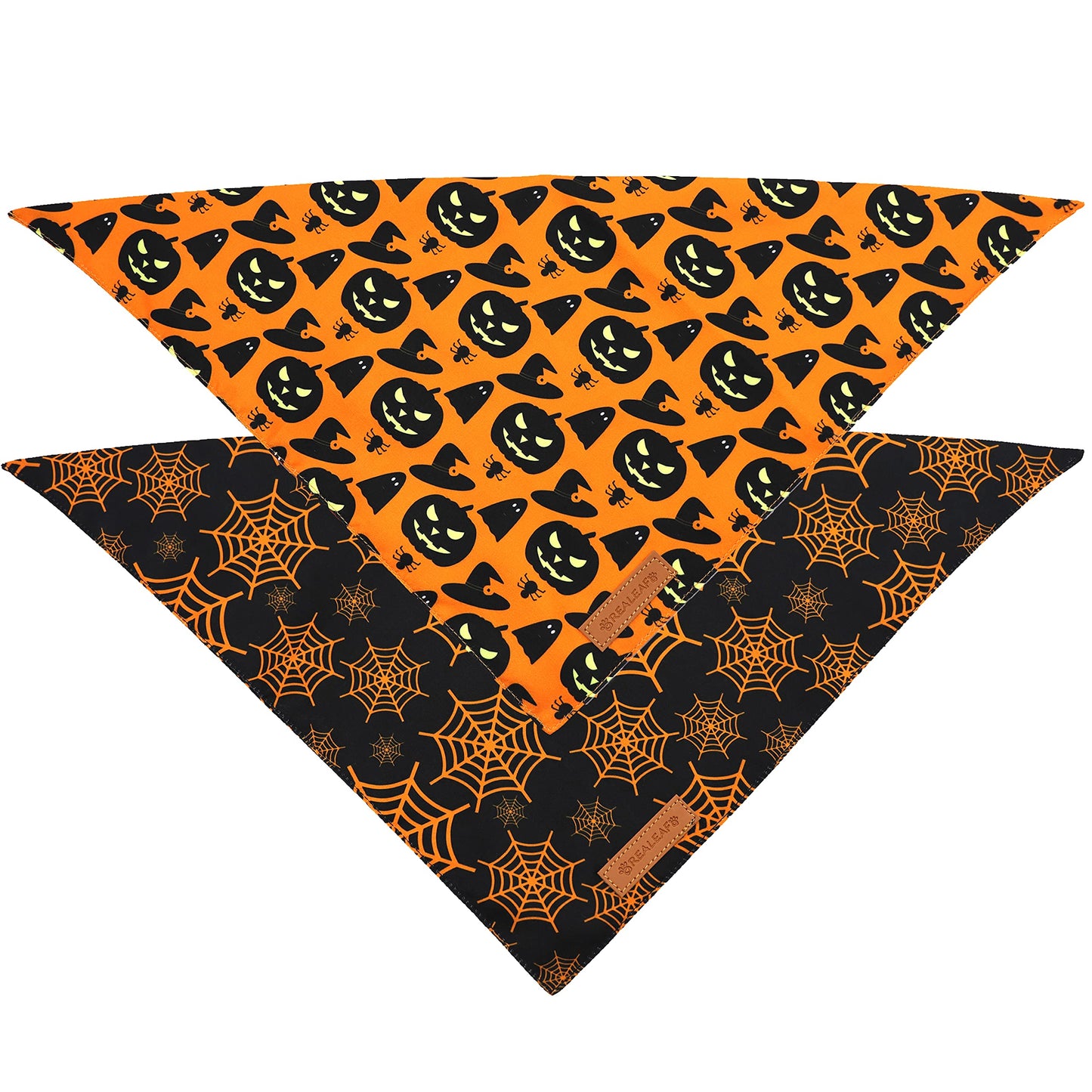 Realeaf Halloween Dog Bandanas 2 Pack, Pumpkin and Spider Web Bibs, Triangle Reversible Fall Pet Scarf, Premium Durable Fabric, Adjustable Fit (Large)