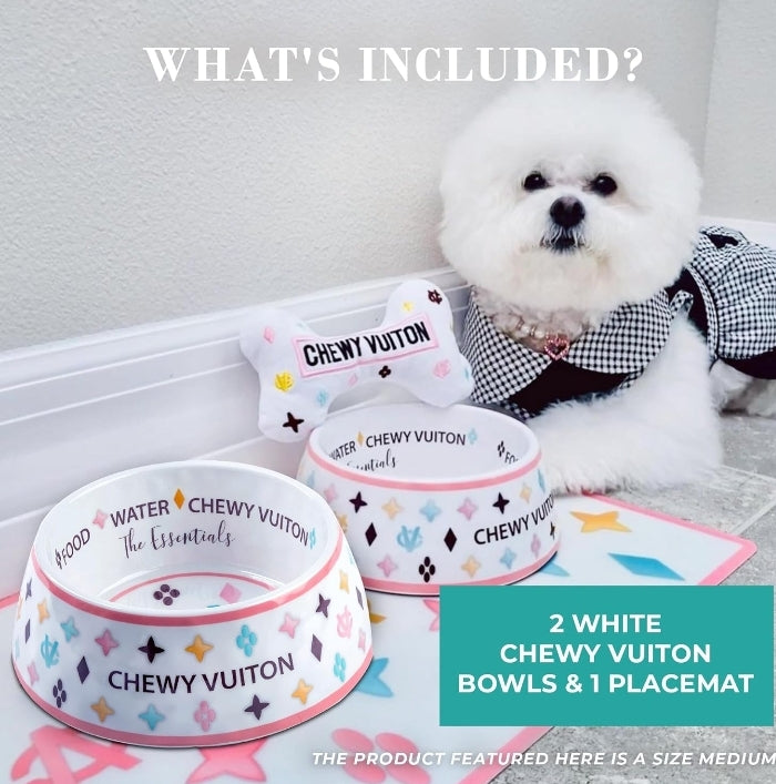 White Chewy Vuiton Bowls & Mat Bundle by Haute Diggity Dog