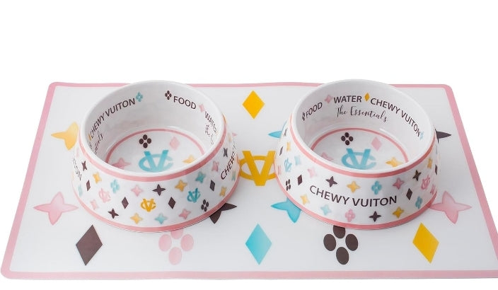 White Chewy Vuiton Bowls & Mat Bundle by Haute Diggity Dog