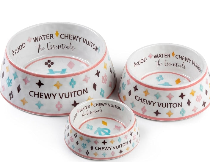 White Chewy Vuiton Bowls & Mat Bundle by Haute Diggity Dog